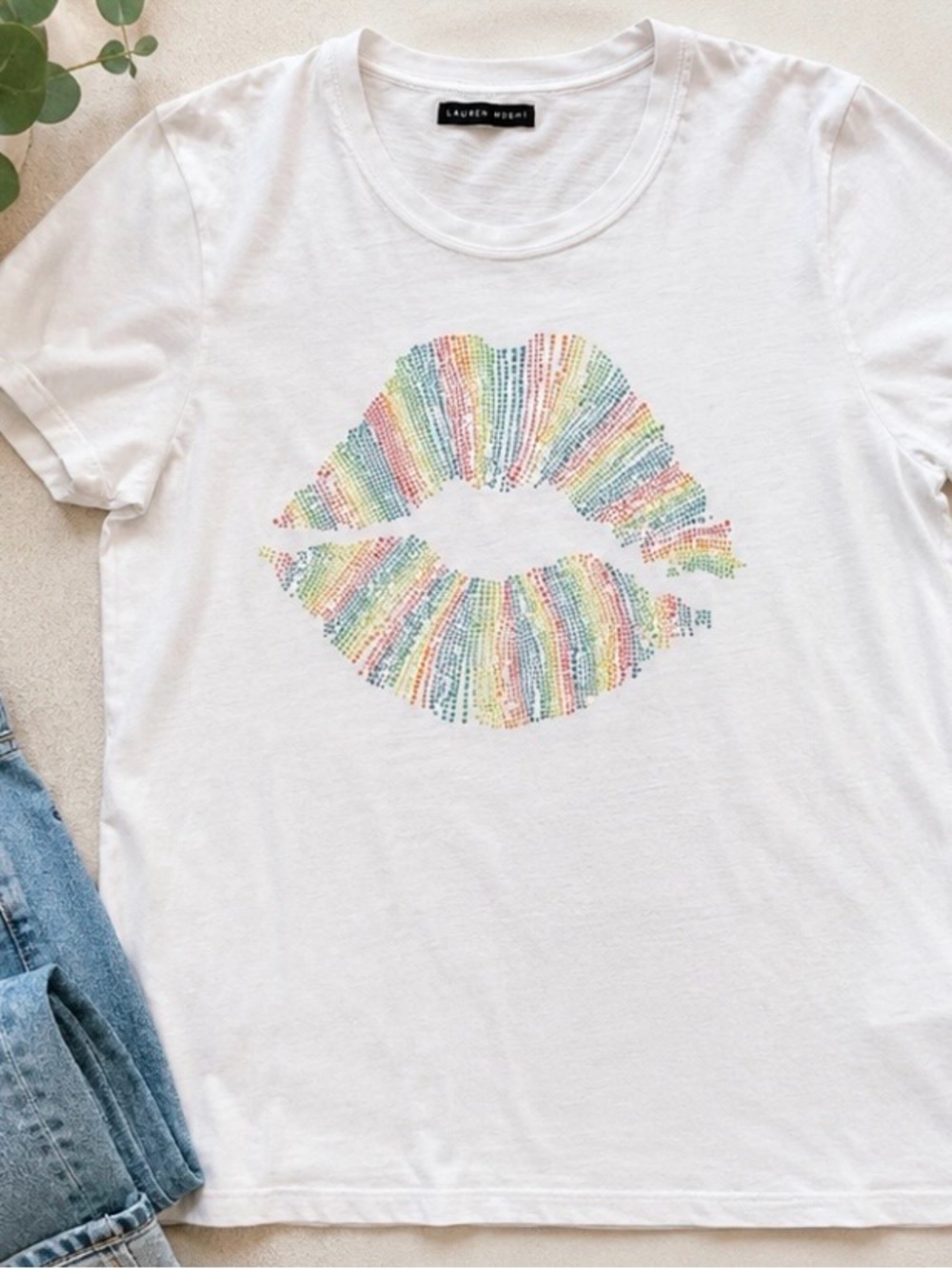 Lauren Moshi | Rainbow Rhinestone Lips Graphic Tee | M